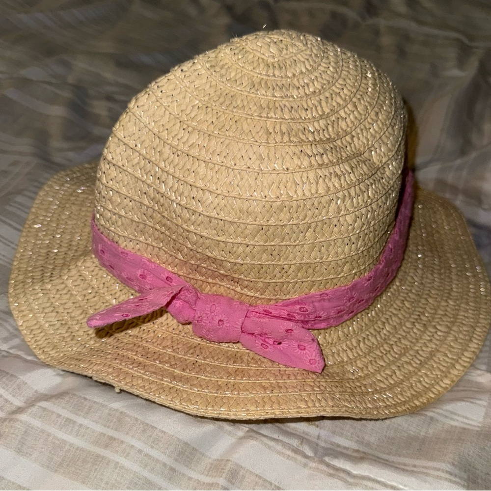 Girls' Straw Sun Hat with Pink Eyelet Band